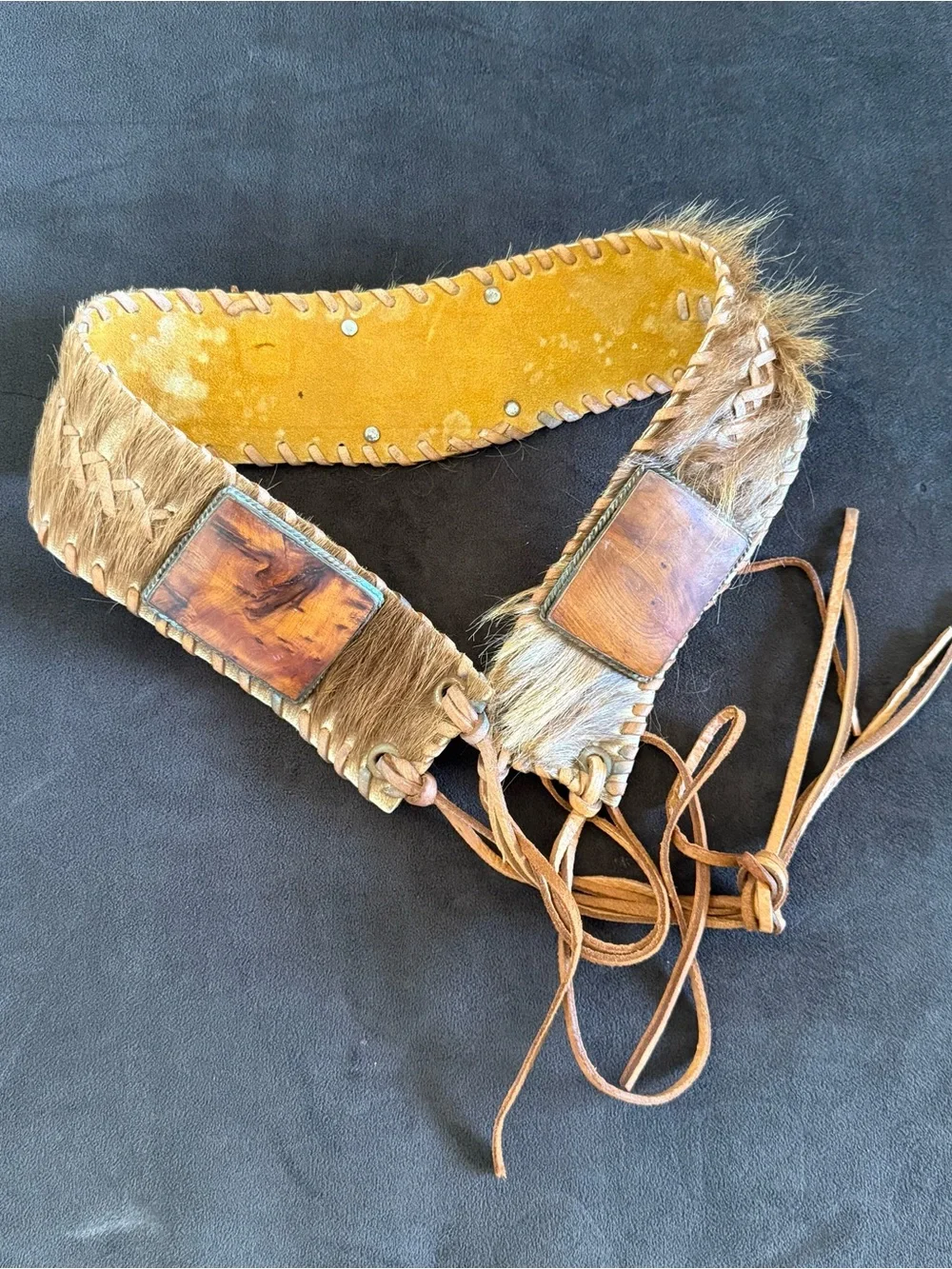 Cow Hide Leather Belt with Wood detail